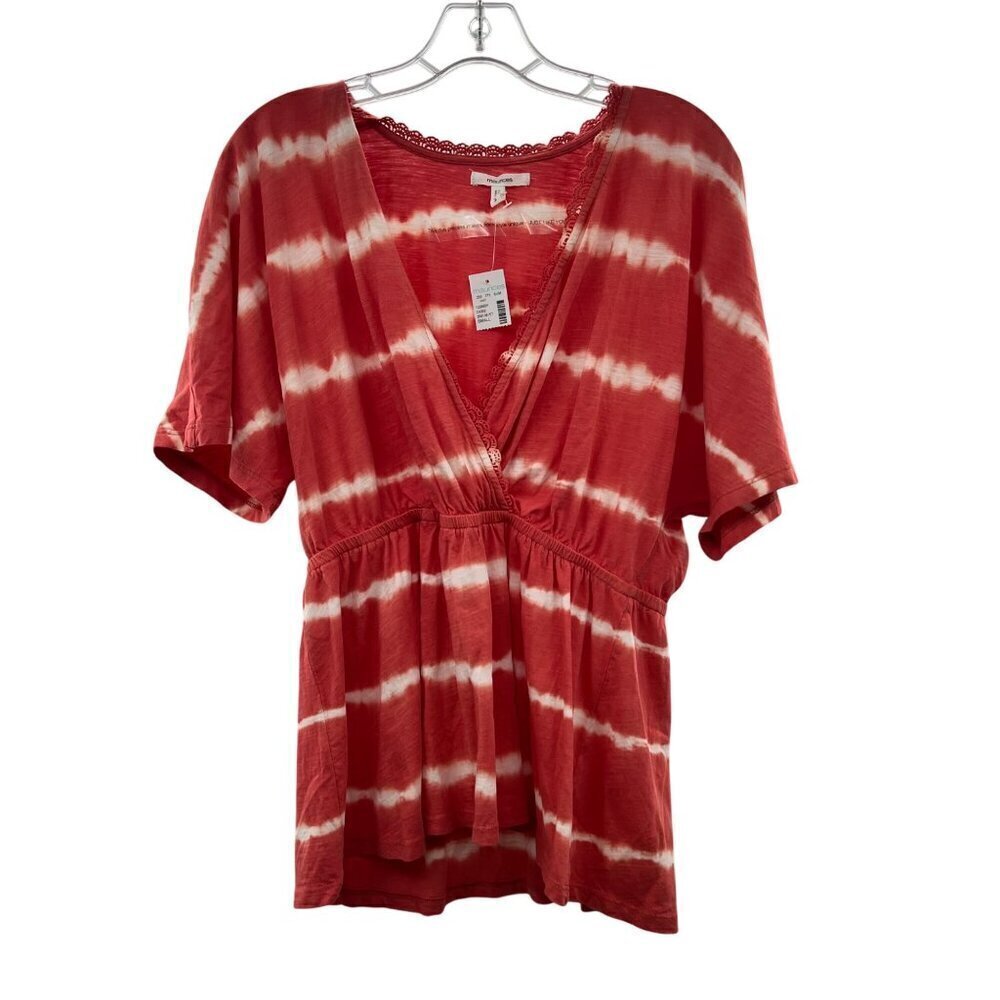 Maurices Women's V-Neck Short Sleeve Tie Dye Top Coral Lace Trim Size Small New